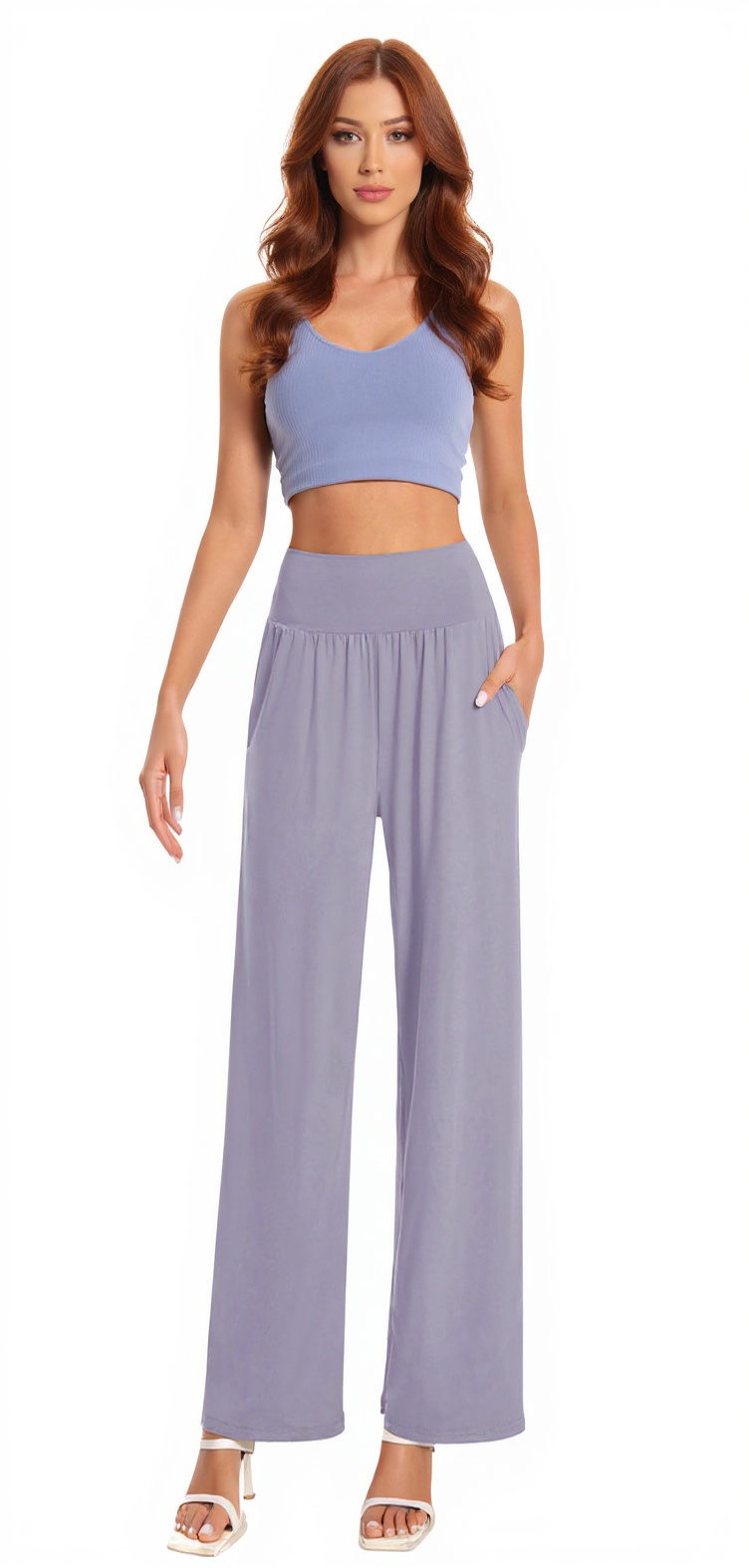 Wide-Leg Yoga Pants in Grey Purple — The Poolside Lounge Edit style look